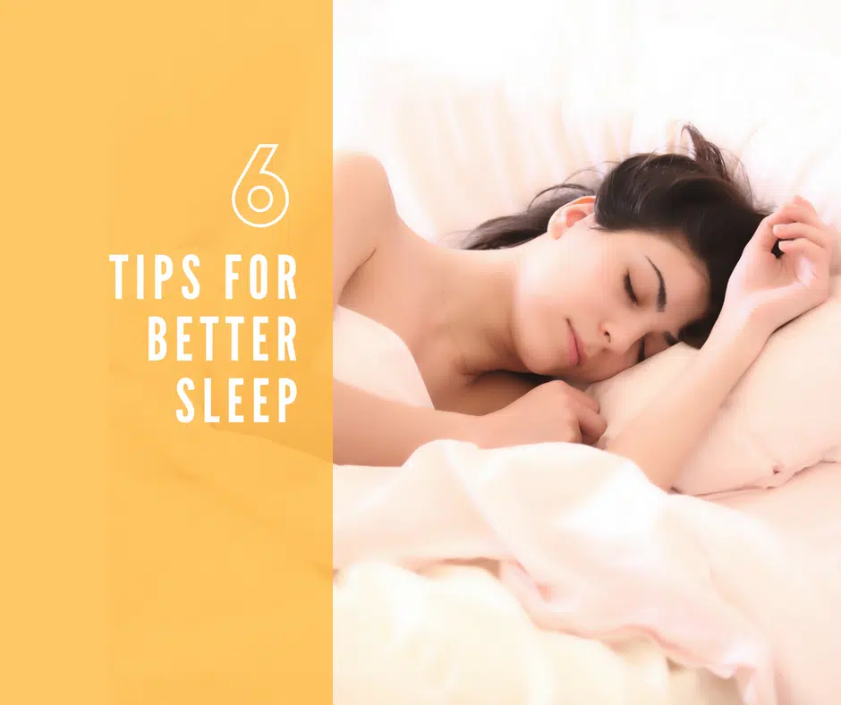 6 Tips for Better Sleep (left), Sleeping woman in bed (right)