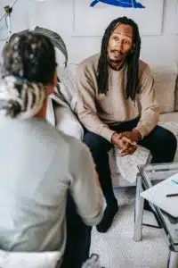 Patient Doctor Speaking in Psychiatrist Office