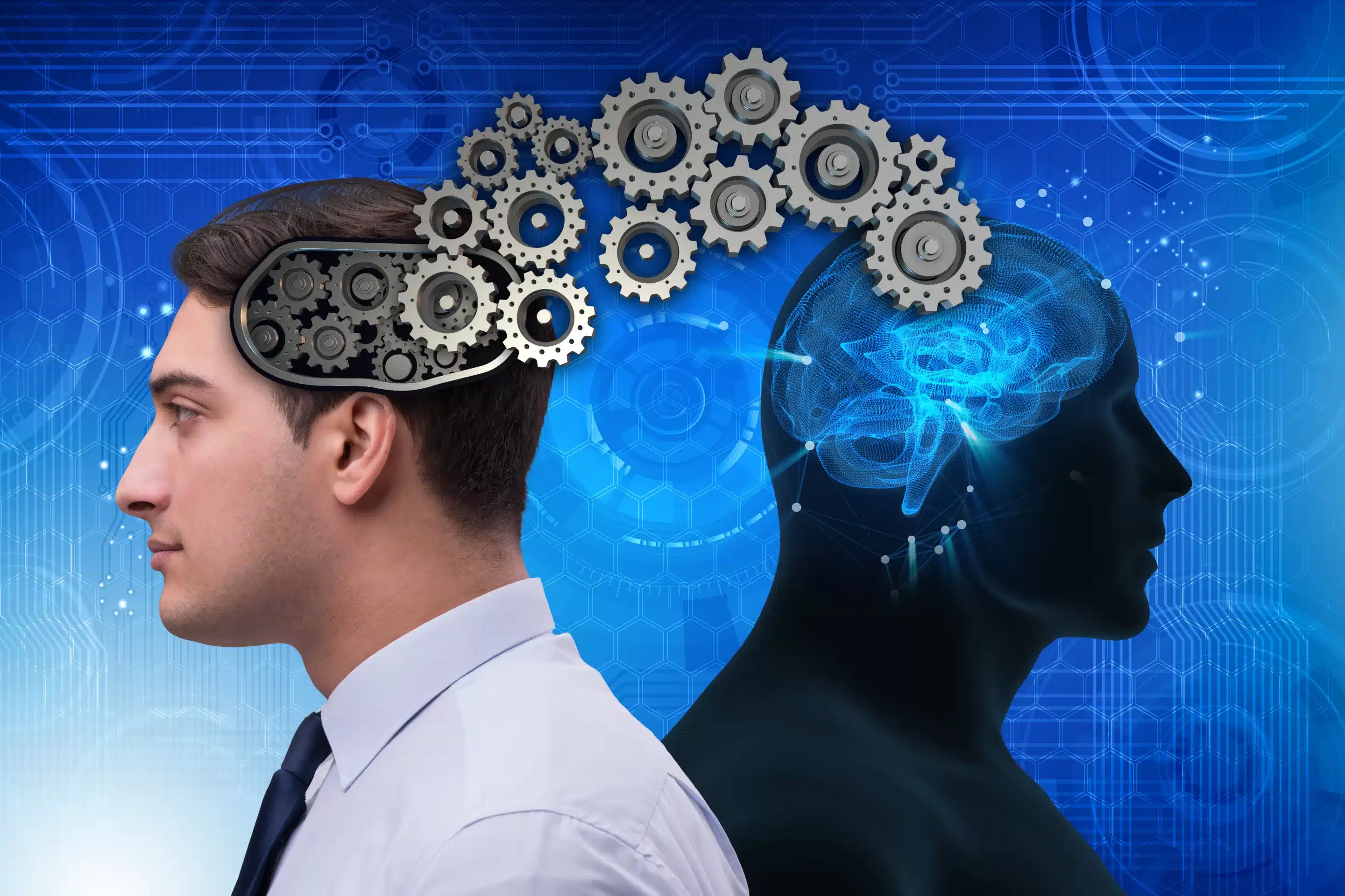 Businessmen collaborate with AI on a virtual map, targeting global