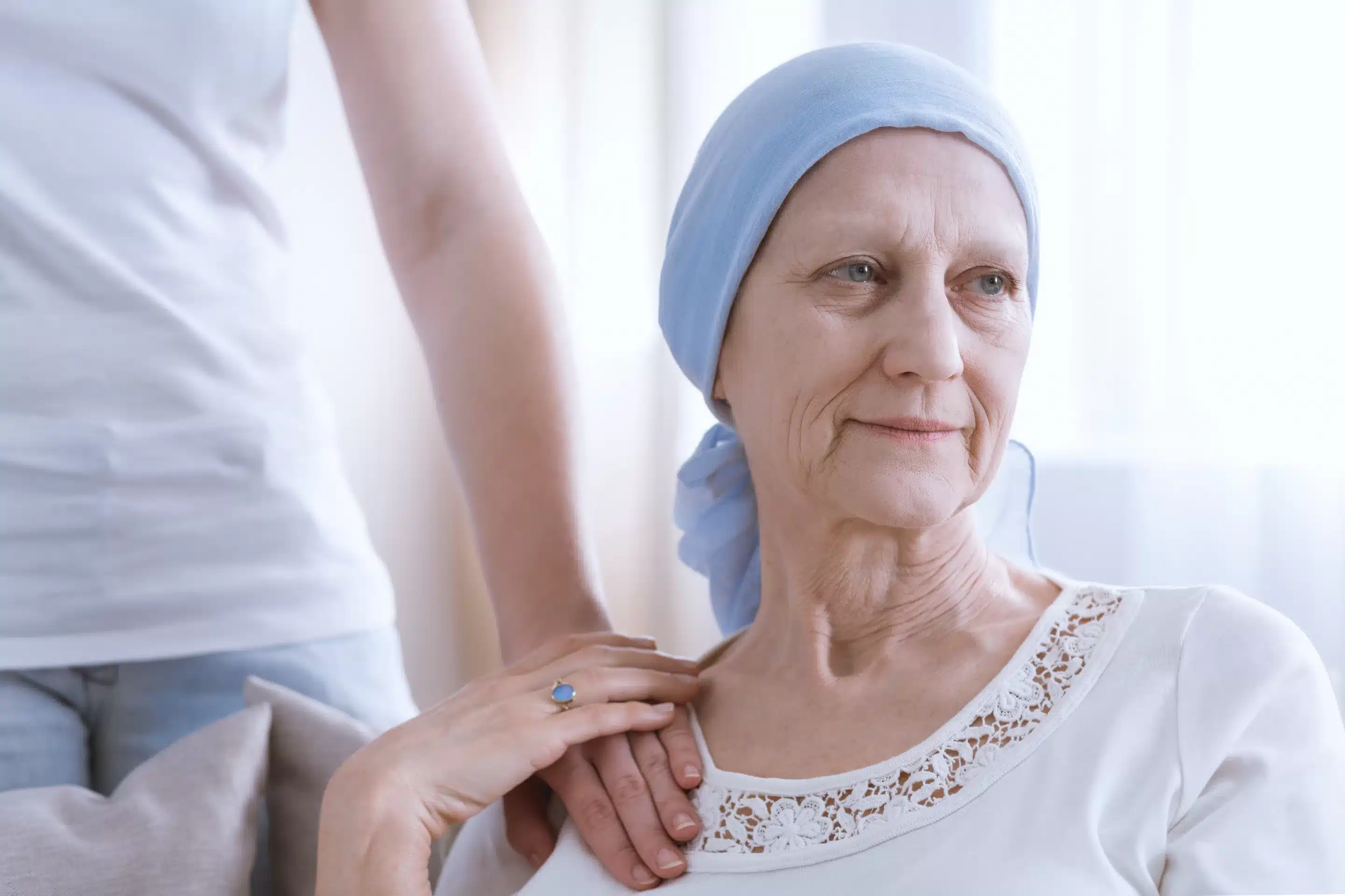 a woman with a blue head wrap