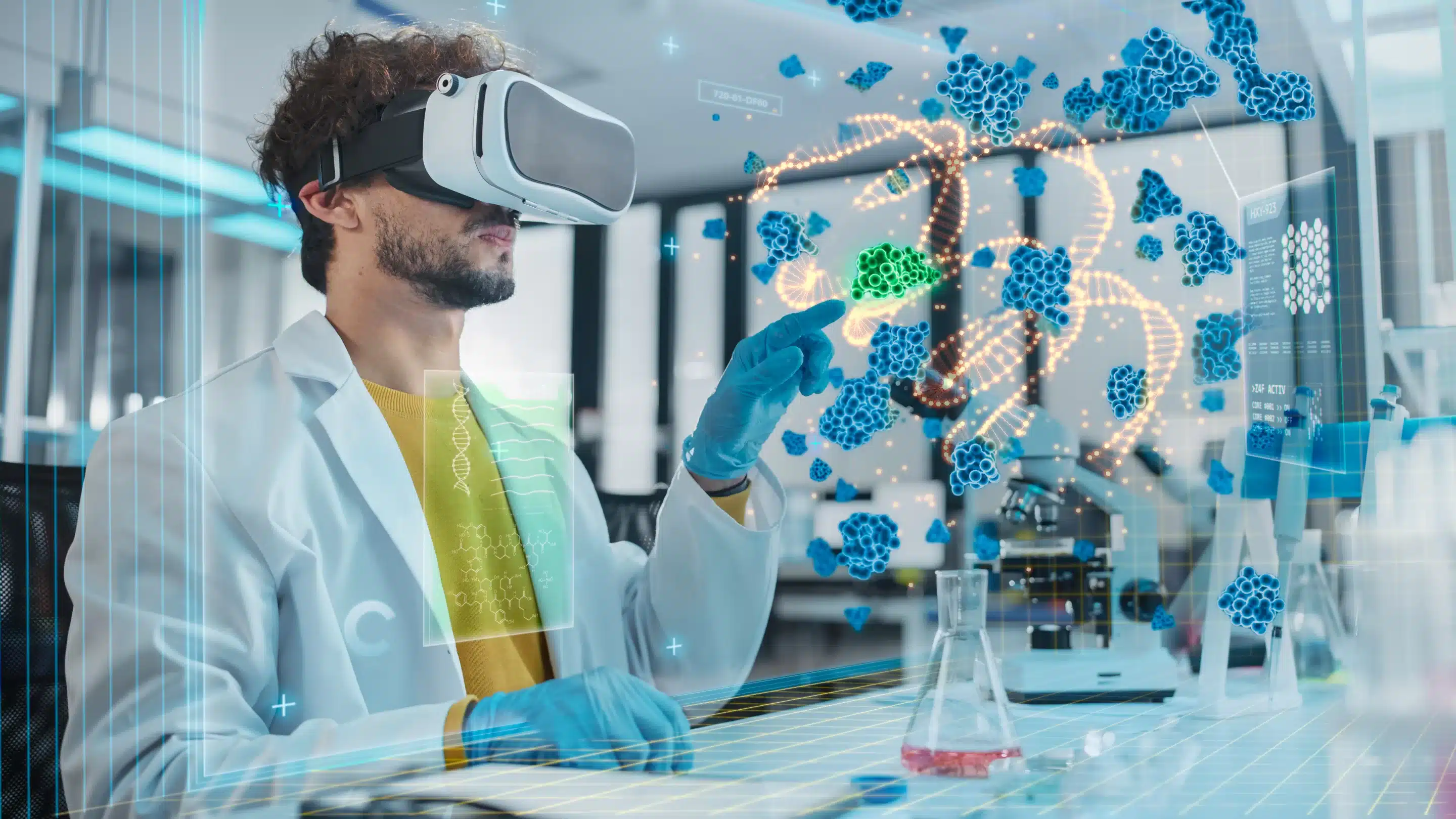 Futuristic Medical Research Laboratory: Research Scientist Wearing Virtual Reality