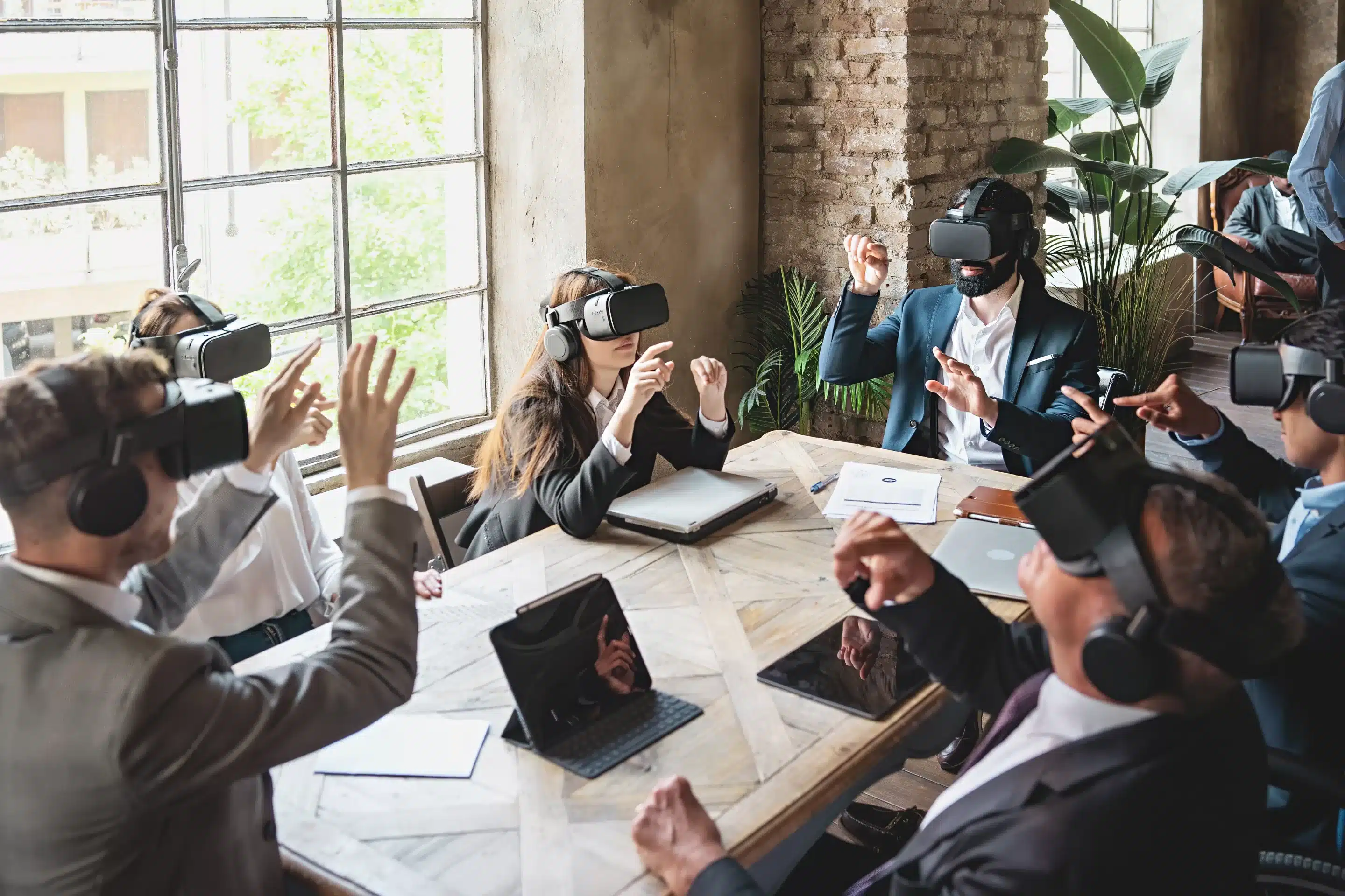 roup of businessperson brainstorming on a virtual project wearing 360