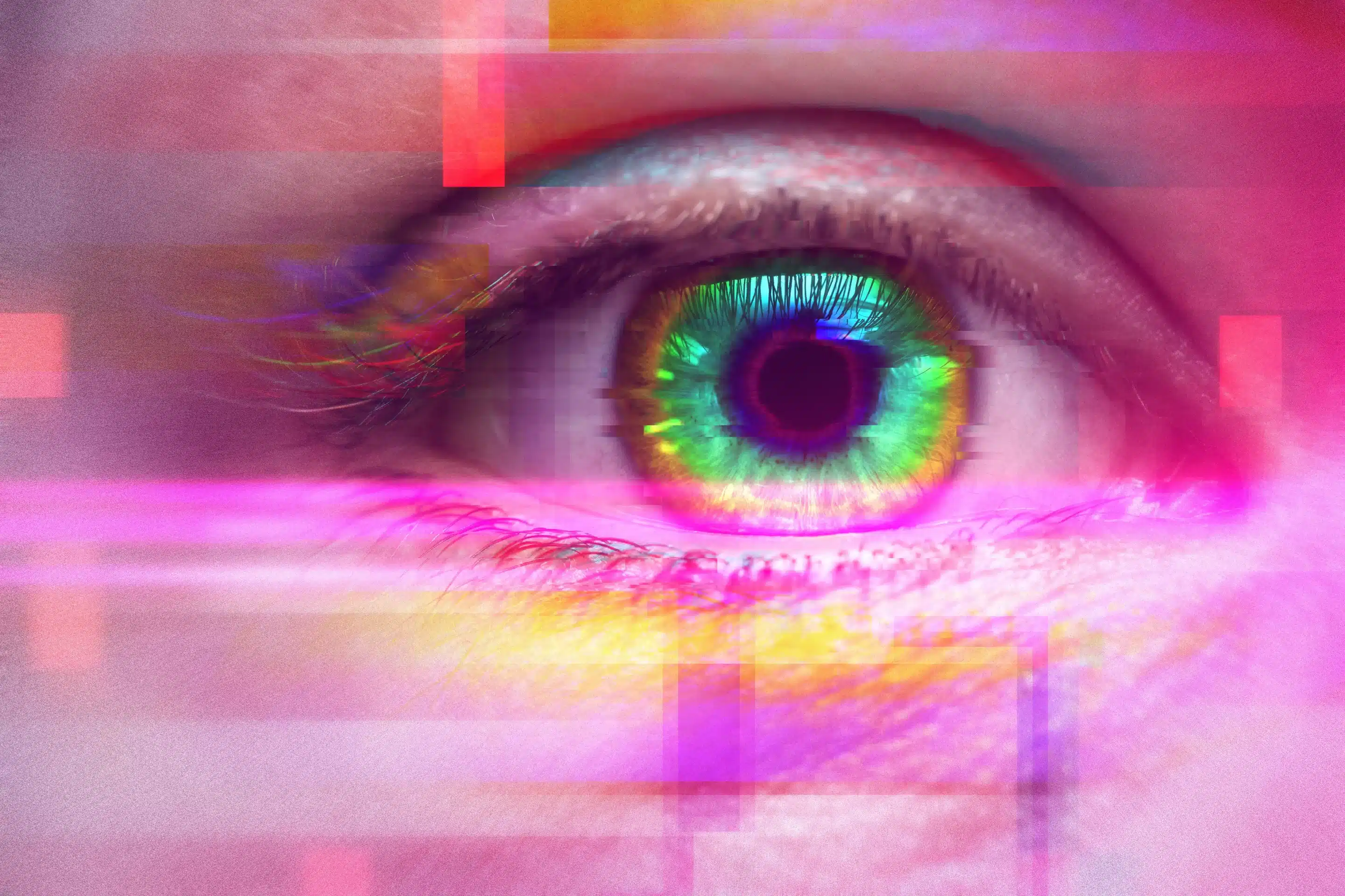 Female eye with colorful iris. Effect of using psychoactive