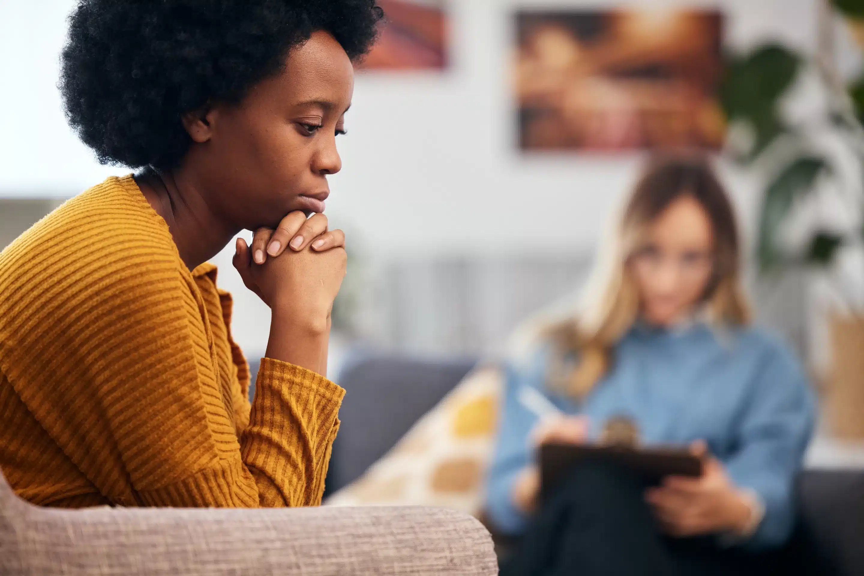 Mental health, depression and psychology with a black woman in therapy,