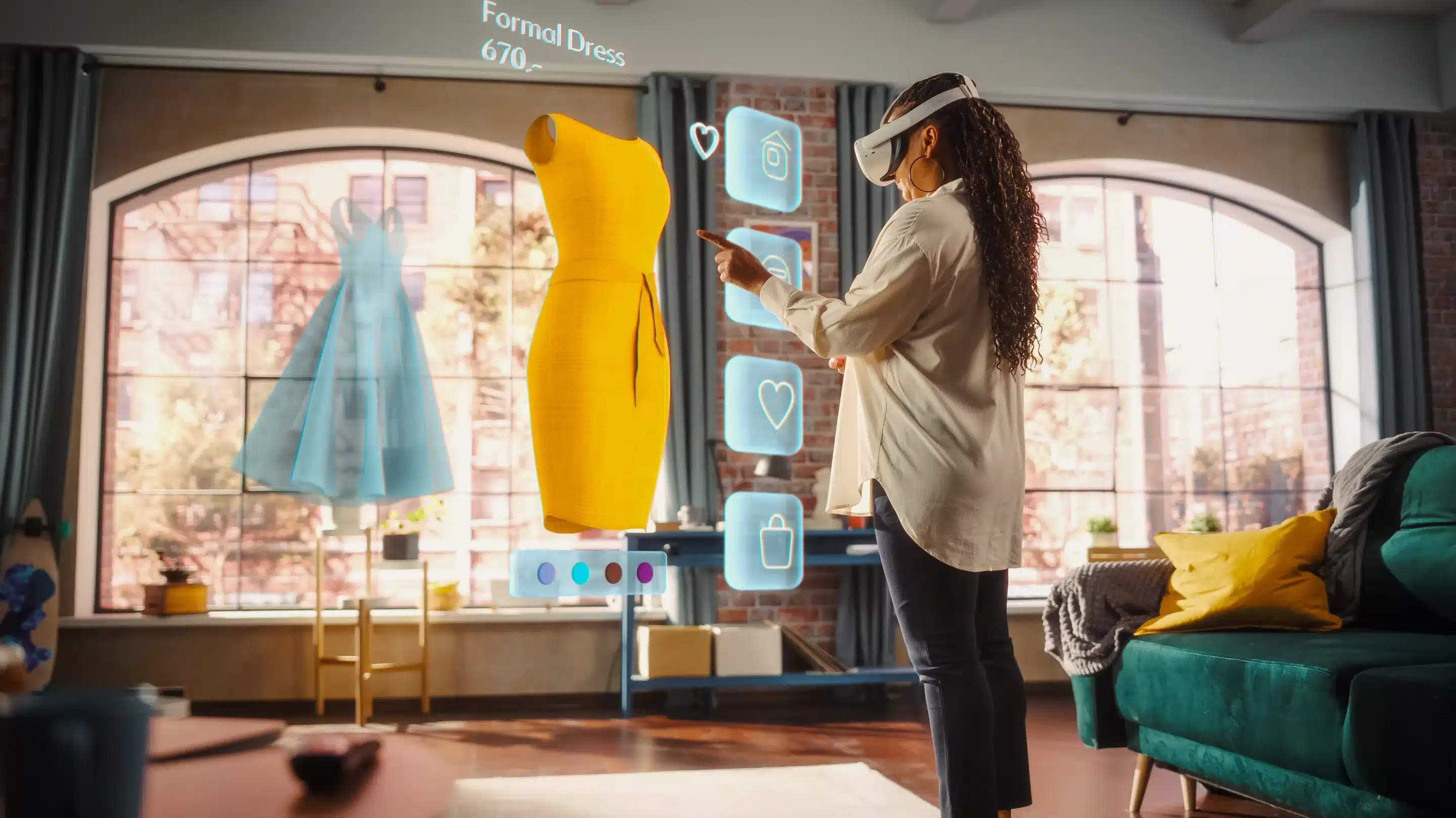Black Woman Using Virtual Reality Headset for Online Shopping, Browsing
