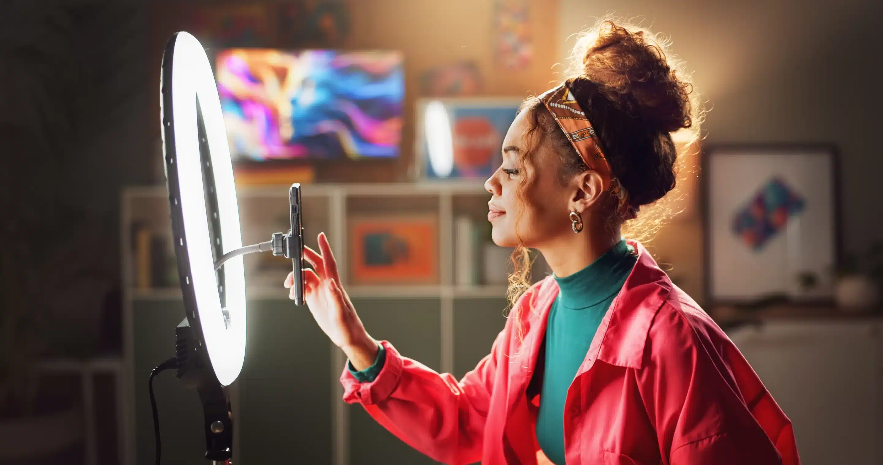 a woman looking at a light