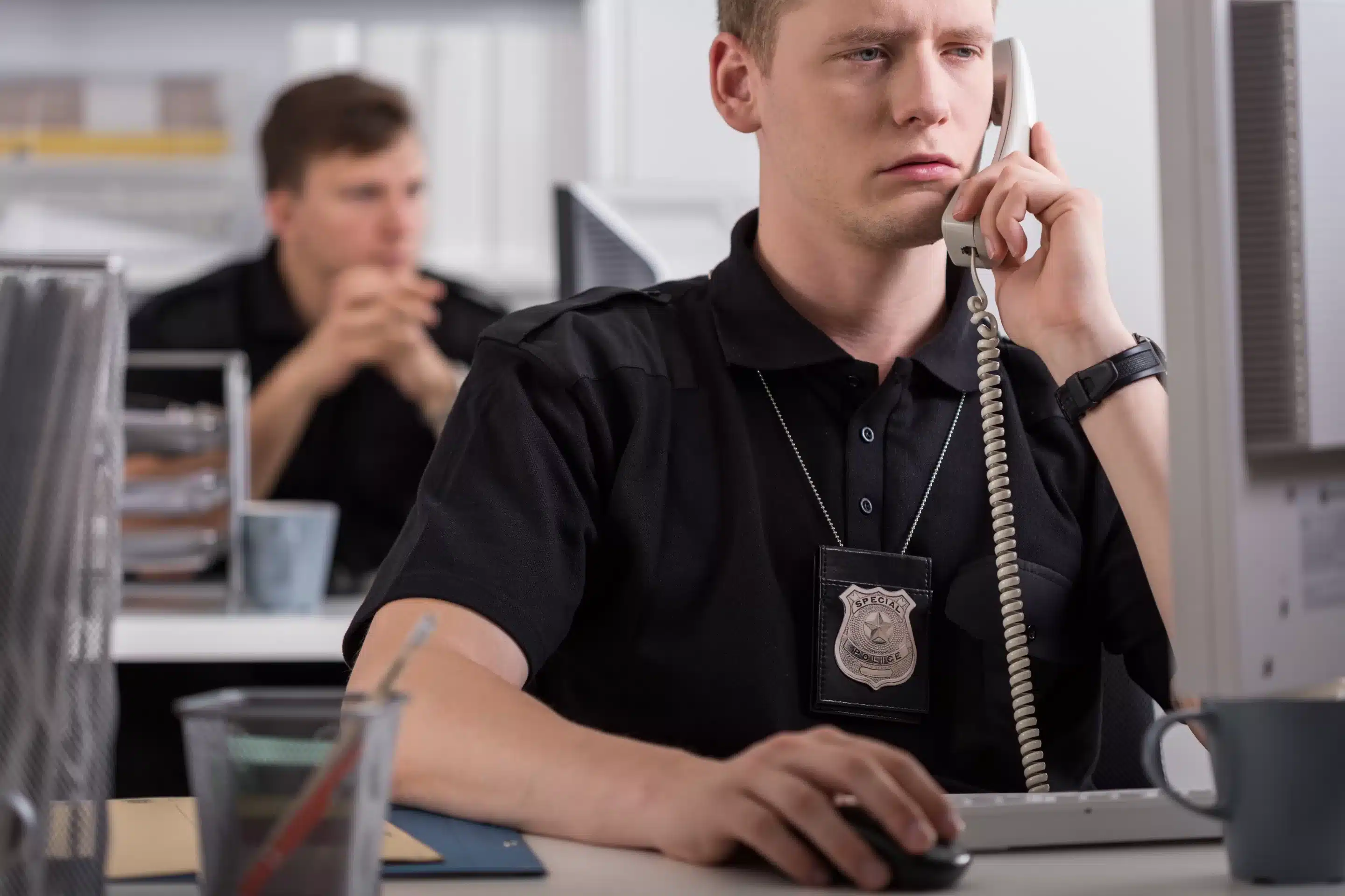 Image of policeman during his work on police station