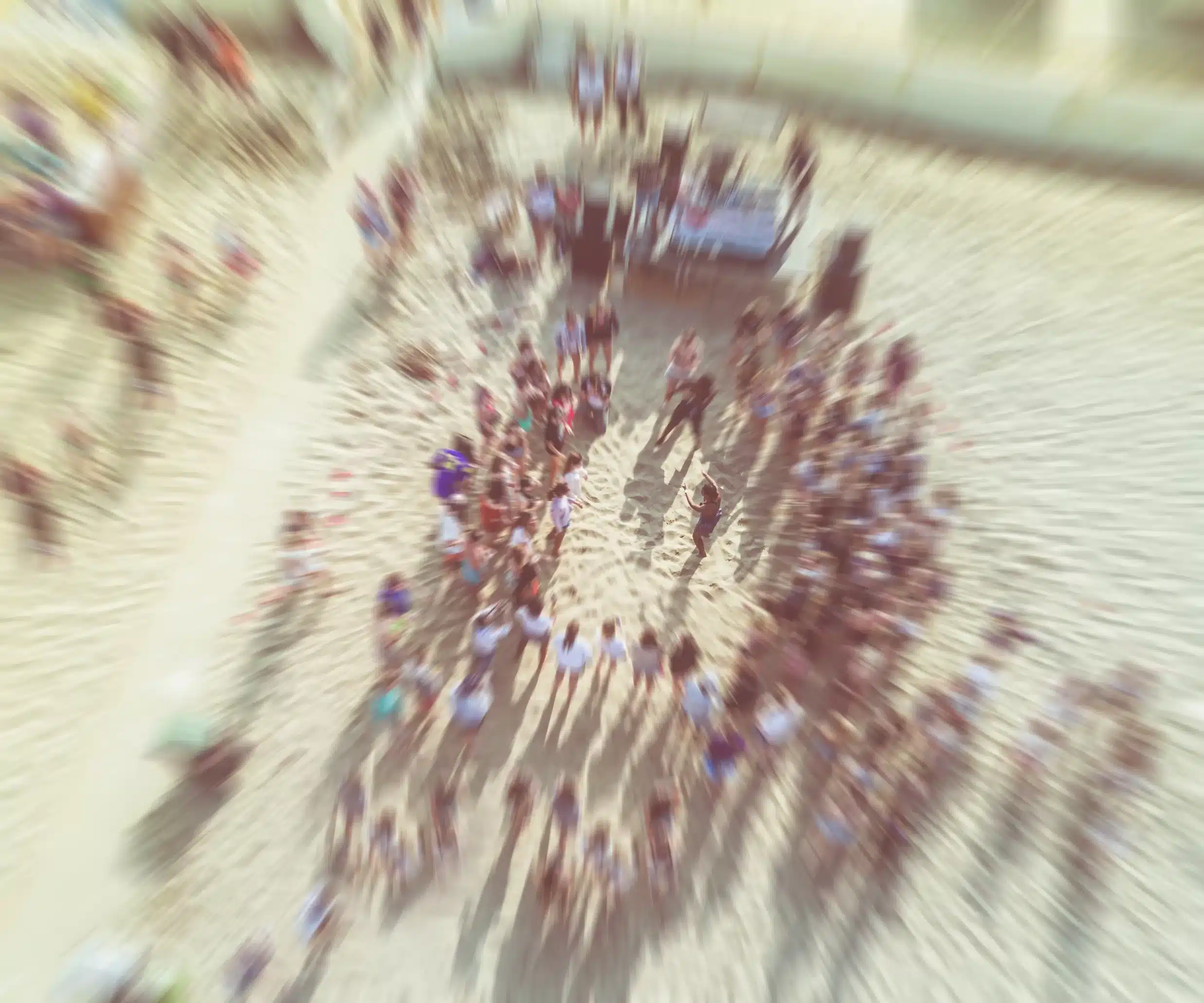 Group of young people dancing on the beach outdoor - Aerial view of fest event