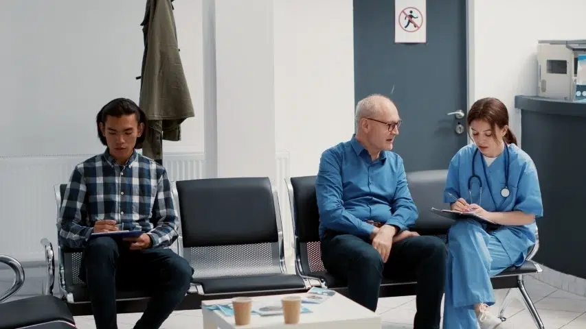 Three people sitting in front of computer screens with an enormous white wall behind them, they are anonymous