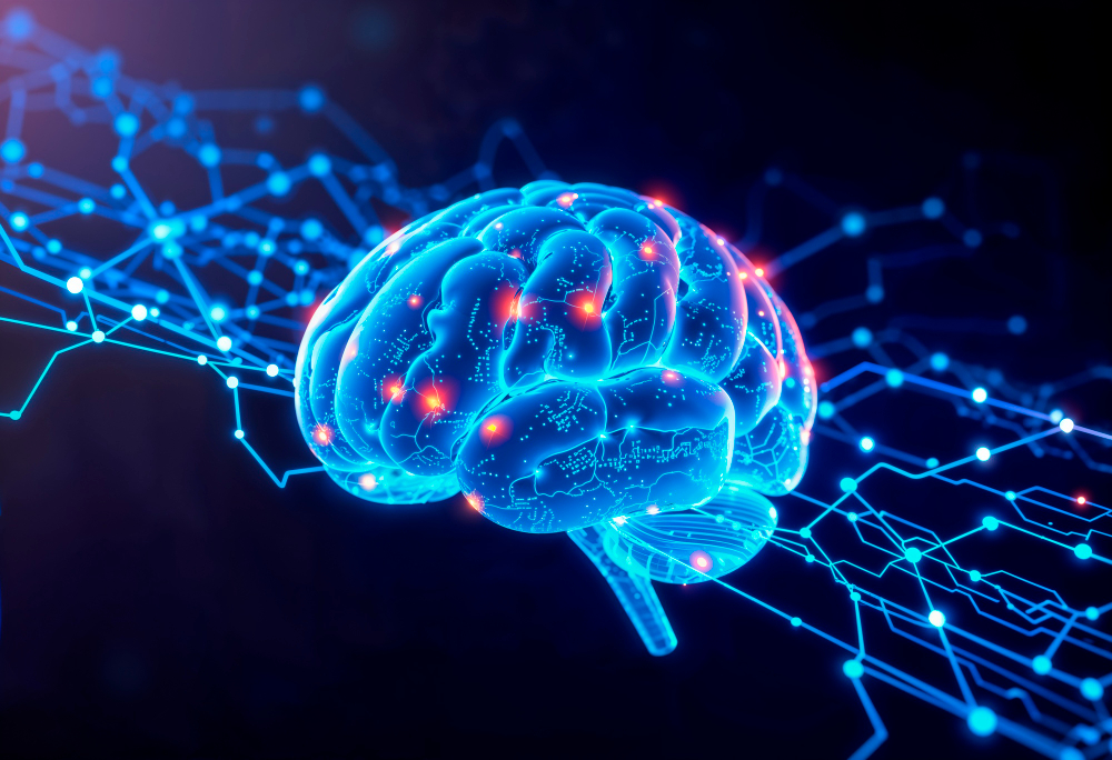 Abstract digital design blending cybersecurity elements with brain-inspired visuals, symbolizing neuroplasticity