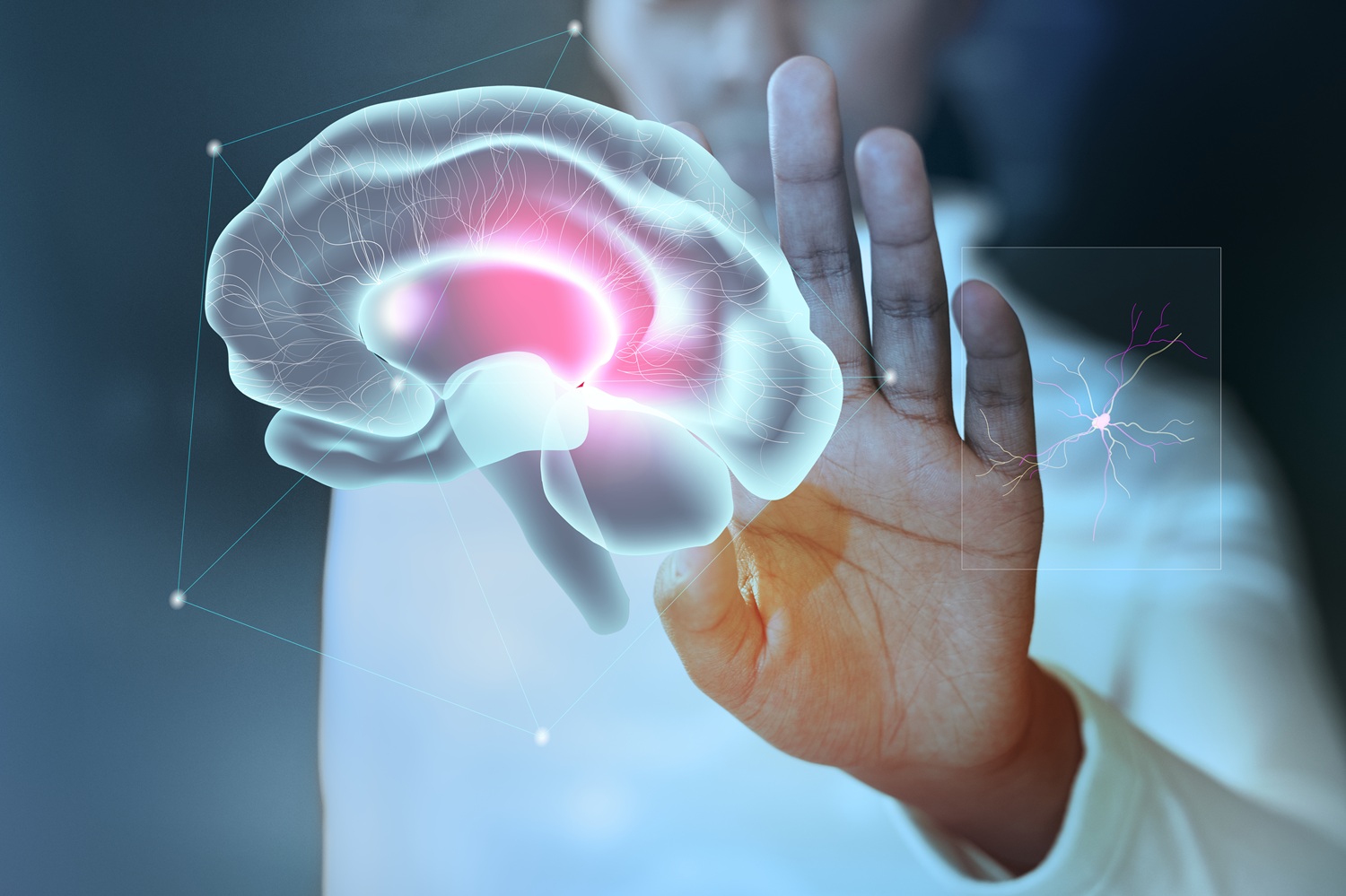 Futuristic brain study background with digital elements for mental health and medical technology