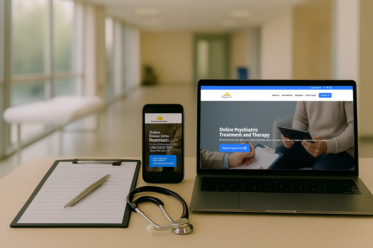 Doctor’s desk view showing a stethoscope, pen, and medical records on the left; a mobile phone, tablet, and laptop with therapy-related visuals on the right; clinic background softly blurred.