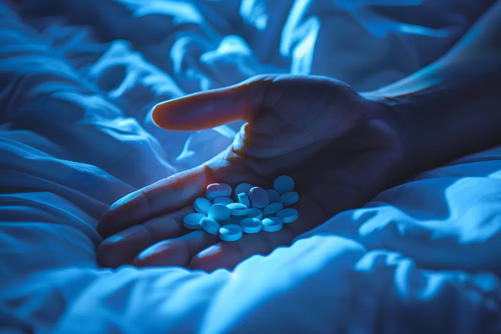 Hand holding prescription pills in dark, moody environment Can Melatonin Help with Anxiety?