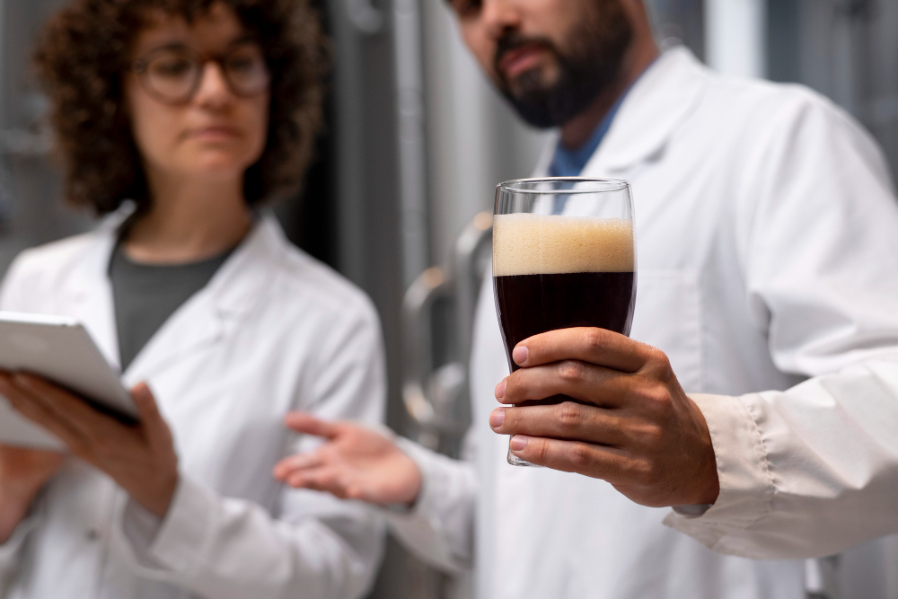 Two professional scientists analyzing coffee samples in a modern lab setup