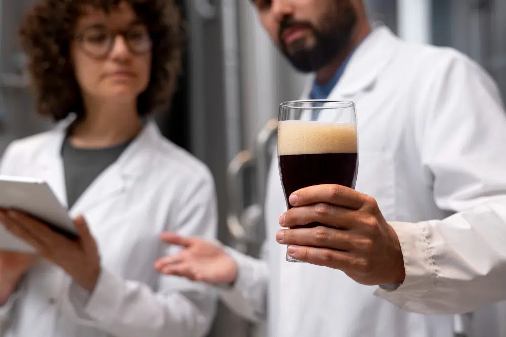 Two professional scientists analyzing coffee samples in a modern lab setup