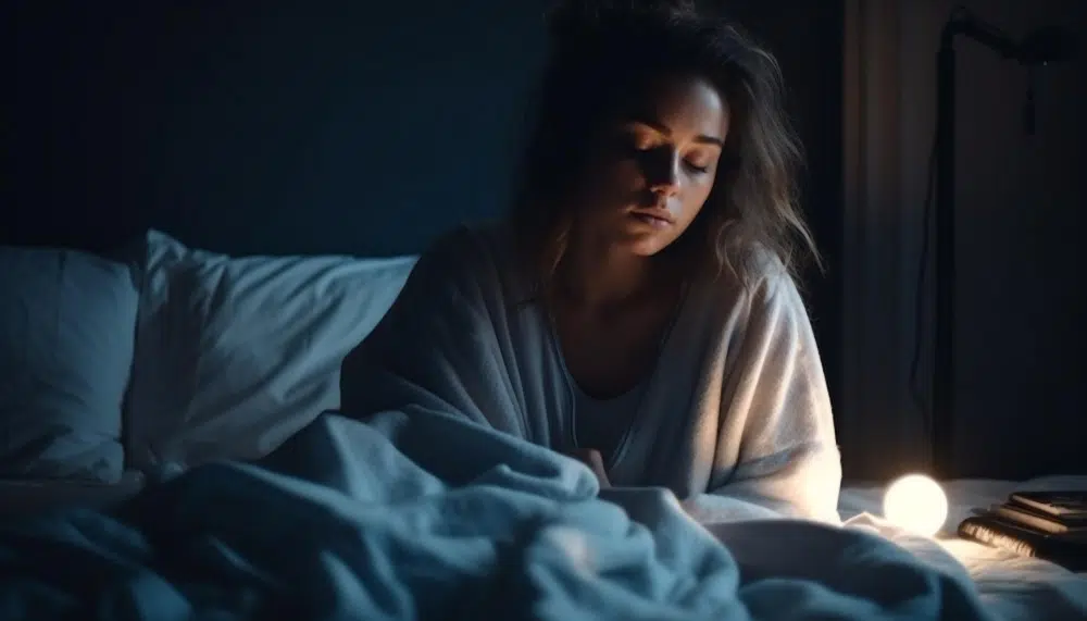 Young woman with insomnia tossing in bed at night