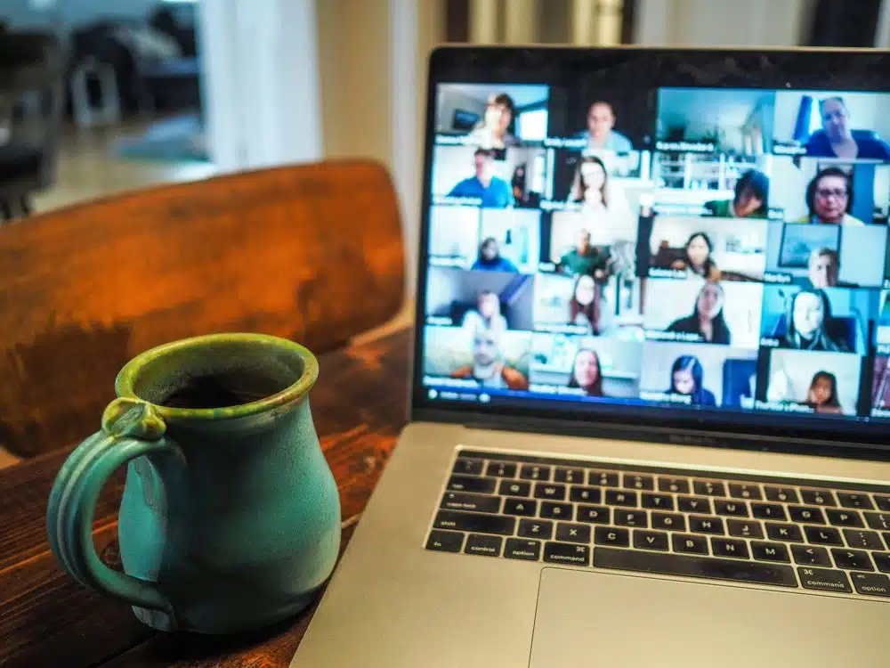 Online group video call with coffee cup